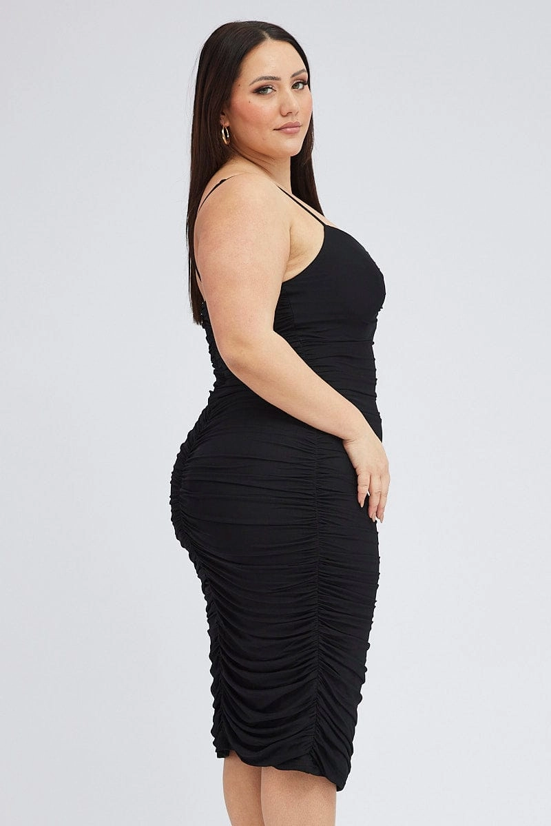 Feminine Design Black Mesh V Ruched Dress