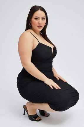 Feminine Design Waist-Cinching Black Mesh V Ruched Dress