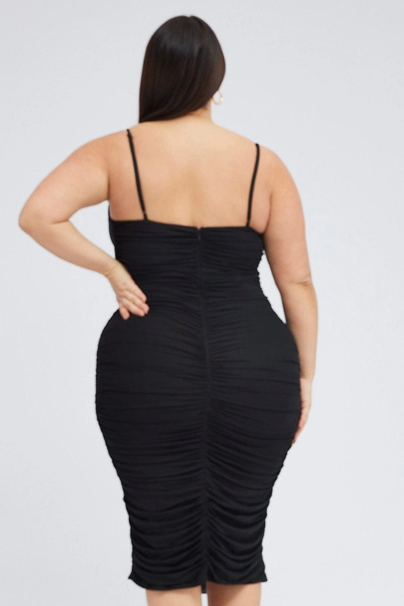 Black Mesh V Ruched Dress Silky texture Soft Volume