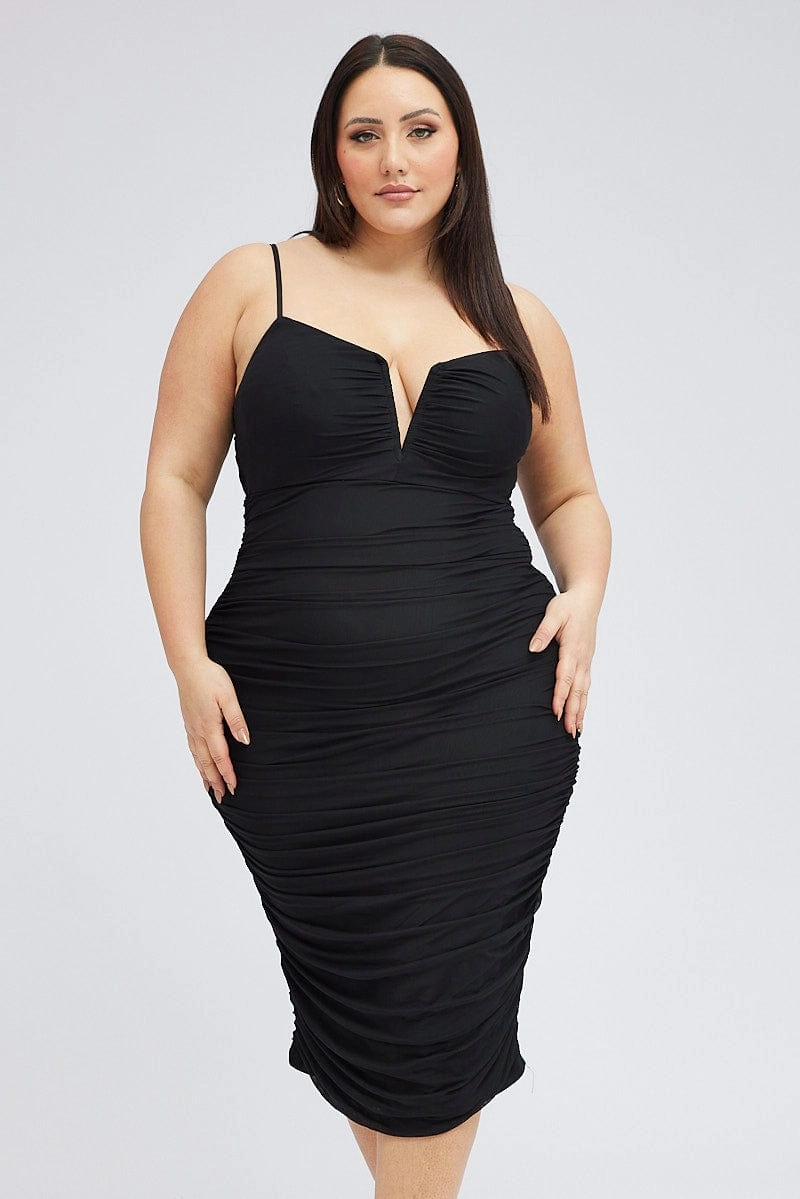 Daily Essential Black Mesh V Ruched Dress