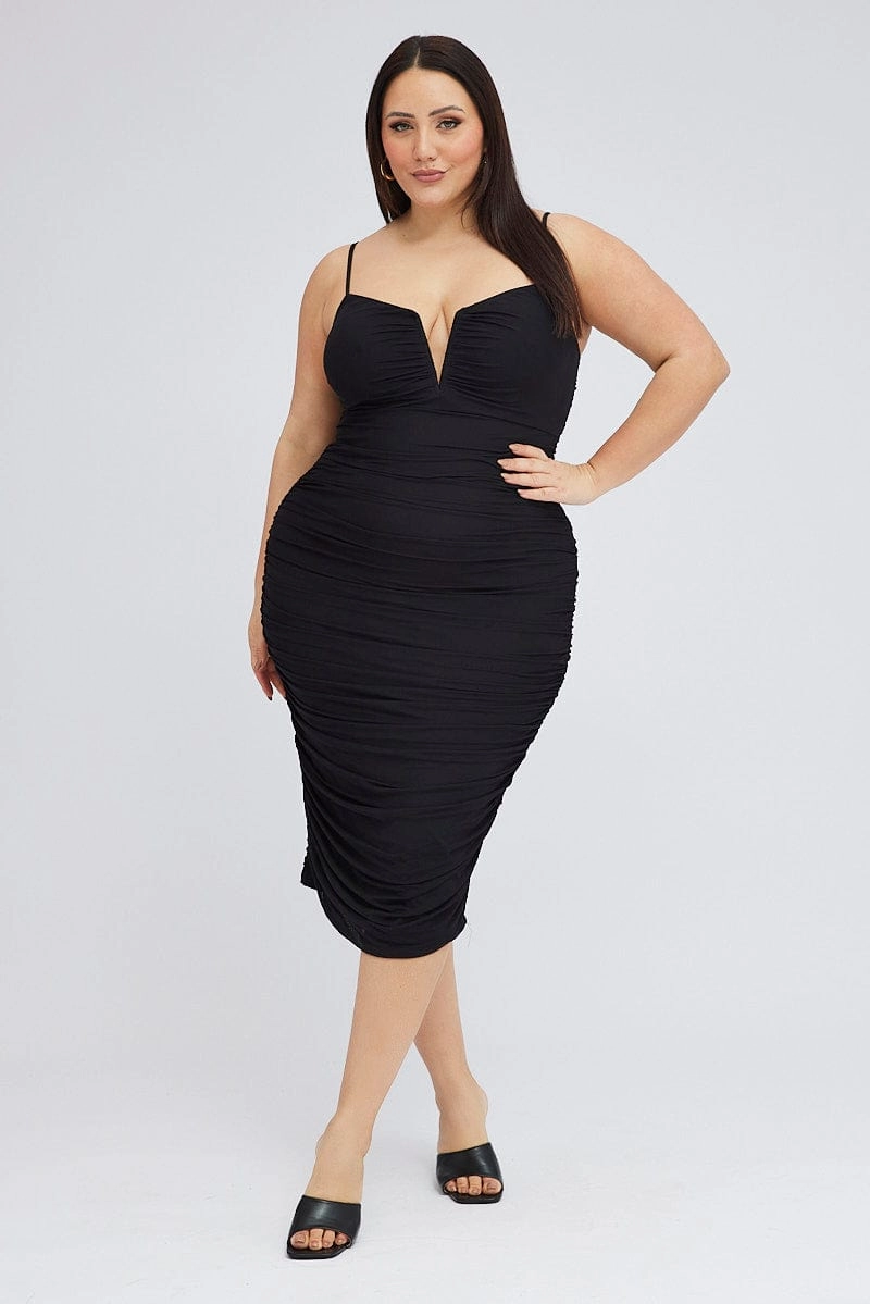 Black Mesh V Ruched Dress Chill Mode