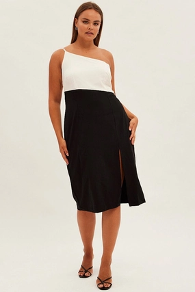 Black Midi Dress Asymmetrical Color Block Daily Chic Shape Hug