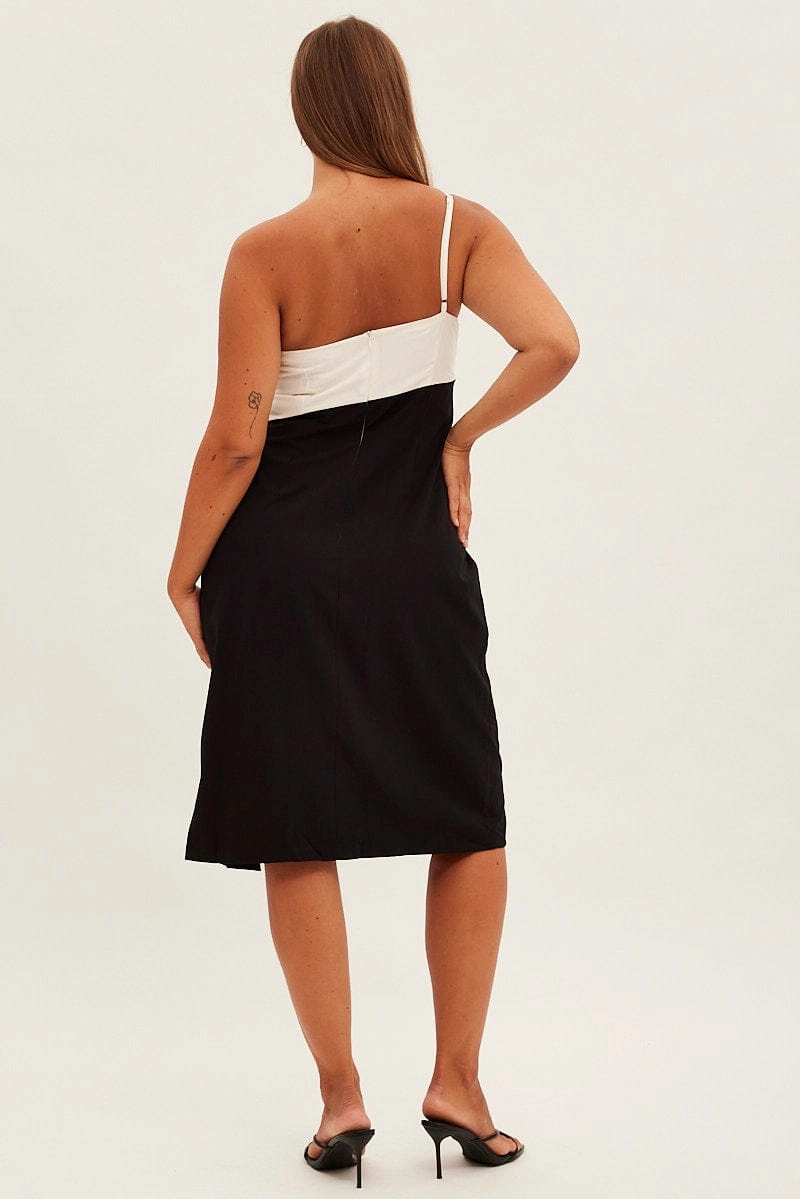 Black Midi Dress Asymmetrical Color Block Charming Design