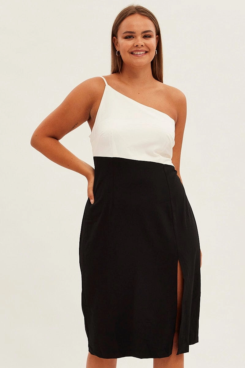 Soft Gradient Urban Chic Black Midi Dress Asymmetrical Color Block