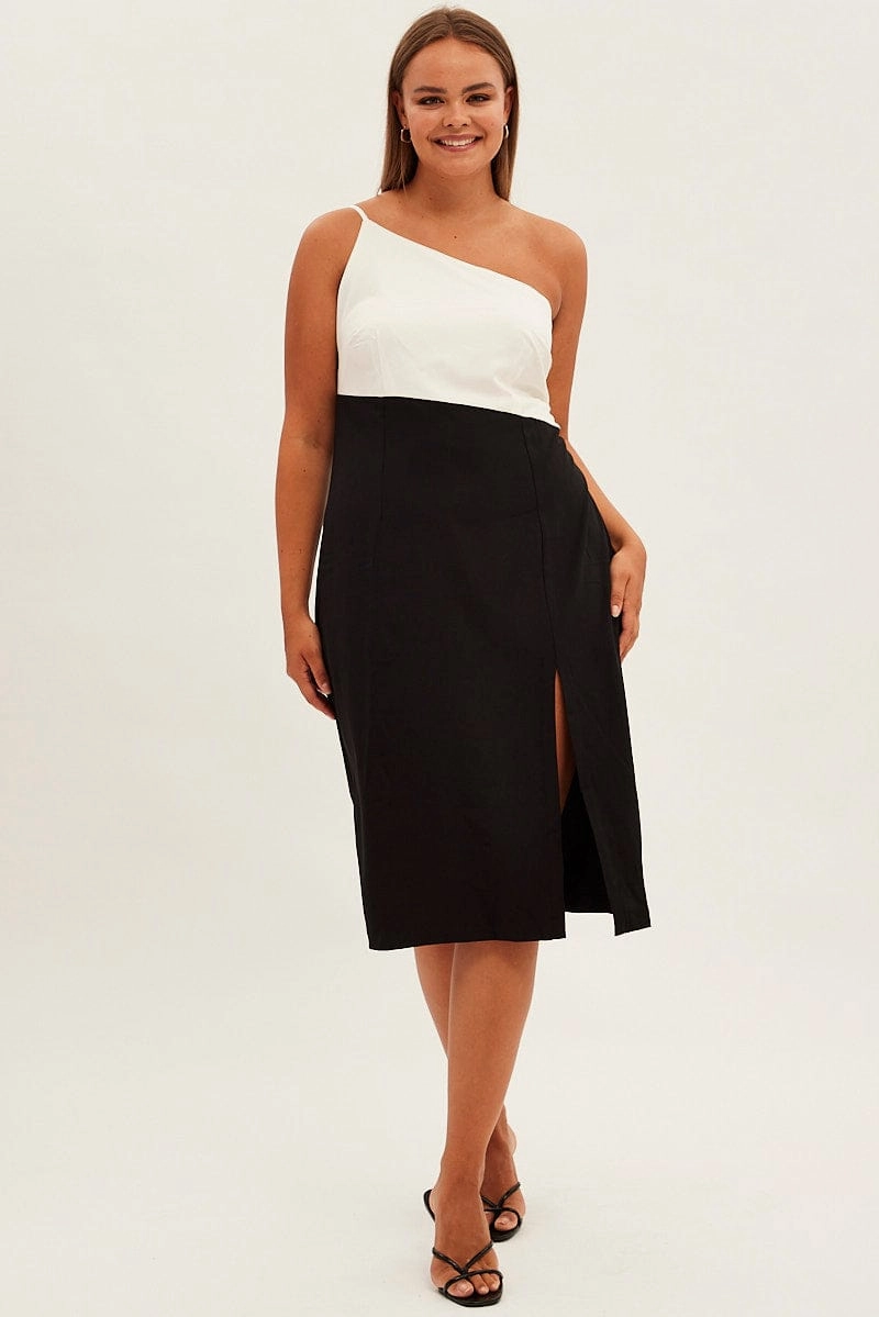 Black Midi Dress Asymmetrical Color Block Embroidered-Detail