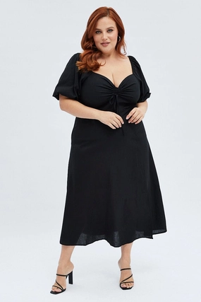 Dreamy Look Velvet-Touch Black Midi Dress Fitted Drawstring Front Puff Sleeve