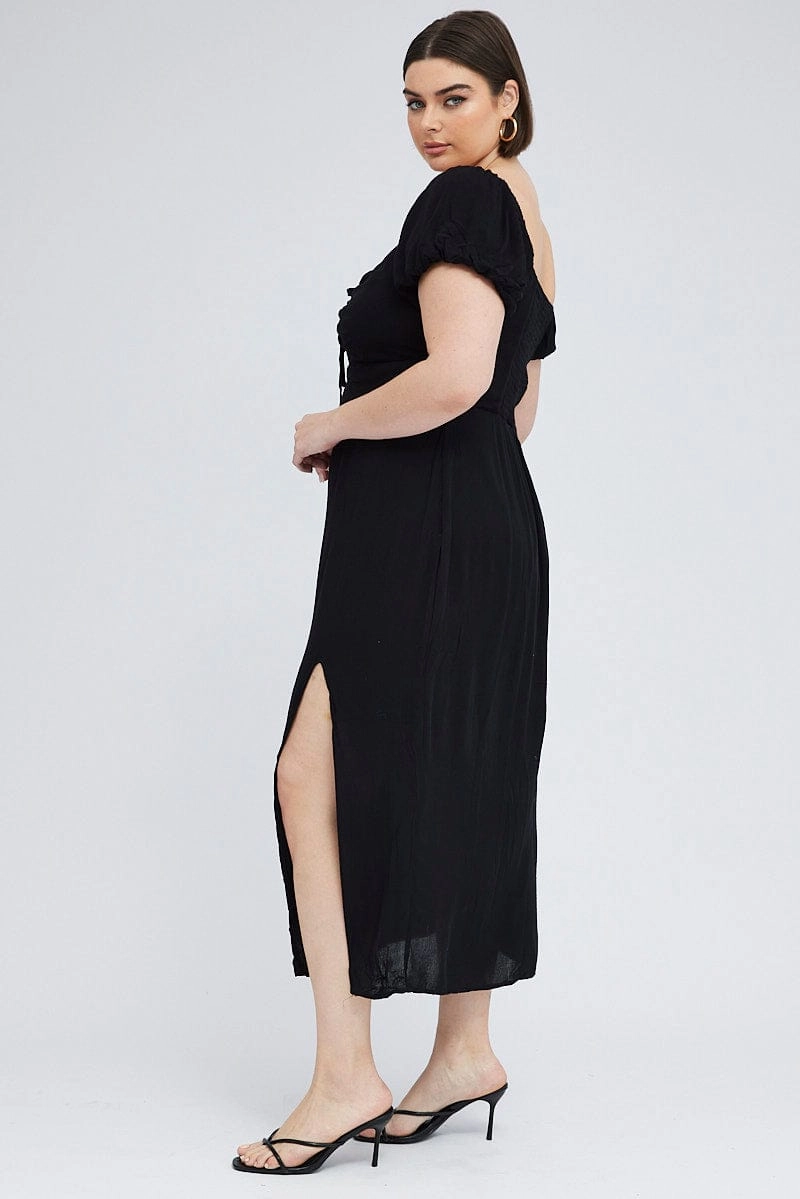 Black Midi Dress Lace Up Crinkle Short Sleeve Sheer-Overlay