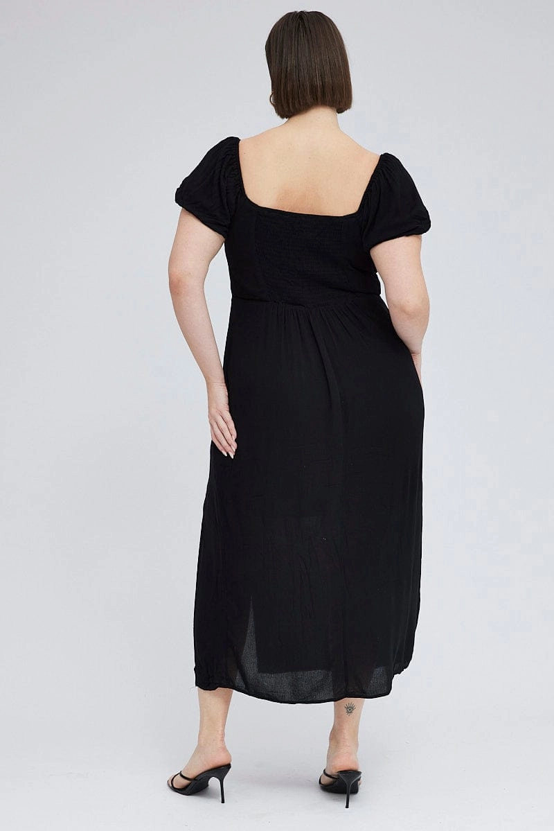 Black Midi Dress Lace Up Crinkle Short Sleeve Fit Clean
