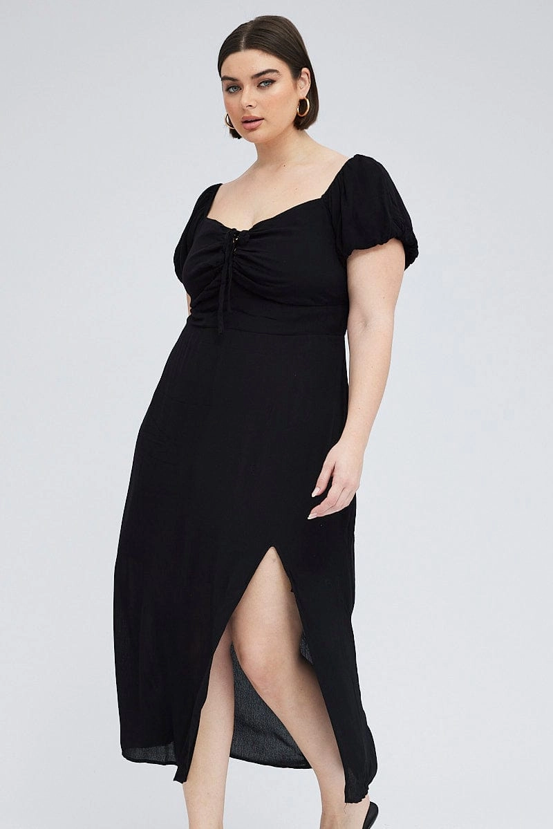 Chic and Elegant Black Midi Dress Lace Up Crinkle Short Sleeve