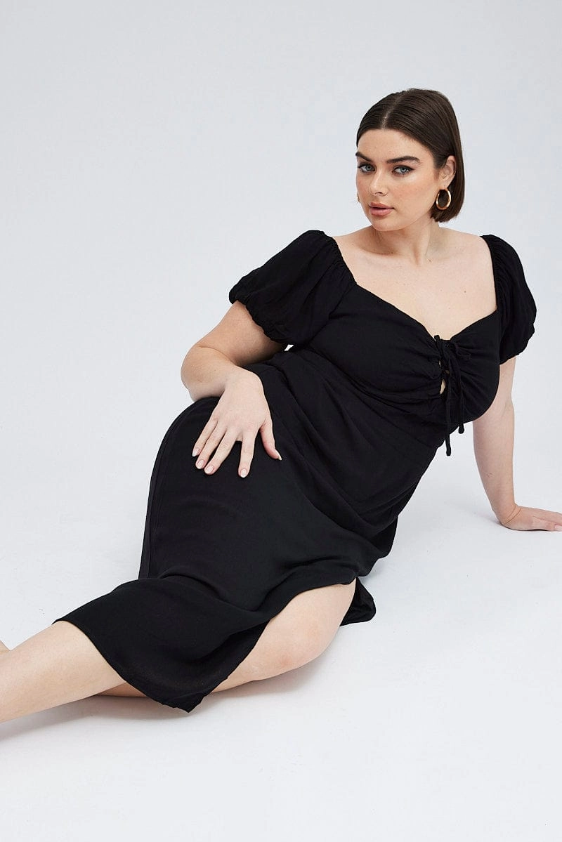Black Midi Dress Lace Up Crinkle Short Sleeve Slimming Shape