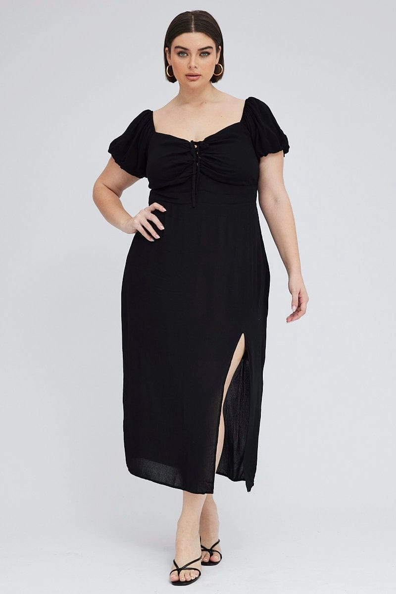 Black Midi Dress Lace Up Crinkle Short Sleeve Lace-Trim