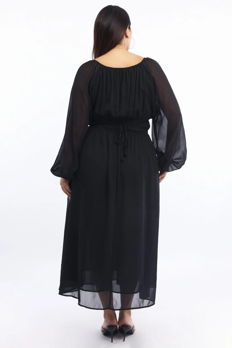 Smooth Fit Black Midi Dress Long Sleeve Chiffon
