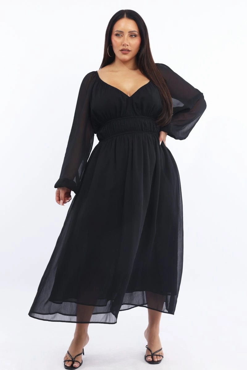 Black Midi Dress Long Sleeve Chiffon Travel Vibe