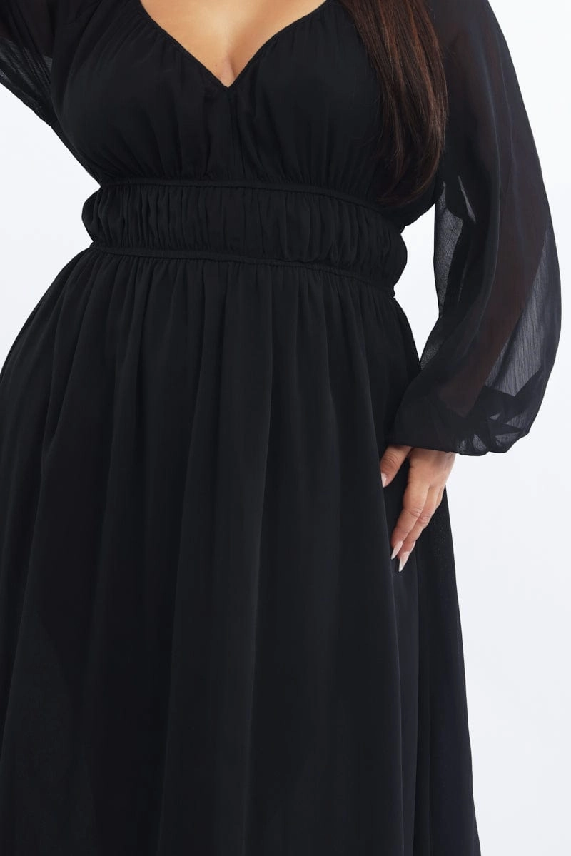 Black Midi Dress Long Sleeve Chiffon Refined Finish