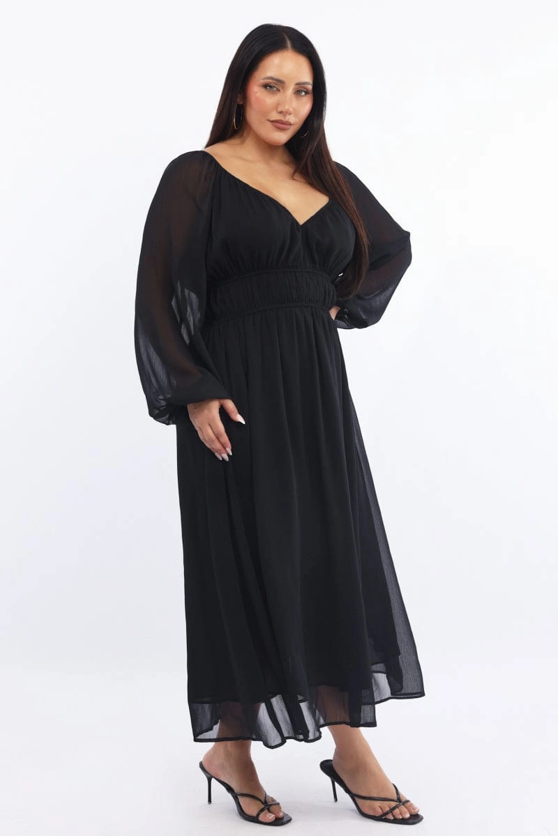 Bright Bloom Black Midi Dress Long Sleeve Chiffon
