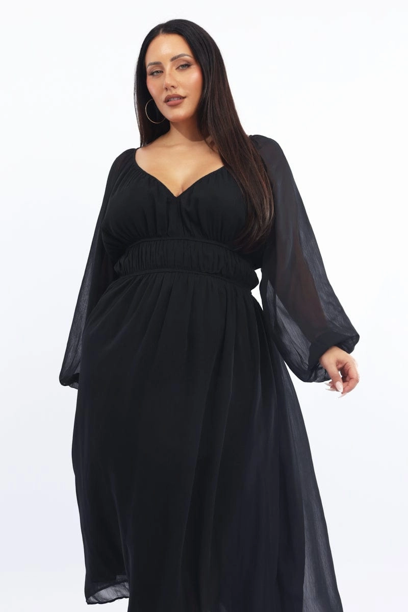 Black Midi Dress Long Sleeve Chiffon Minimal Aesthetic