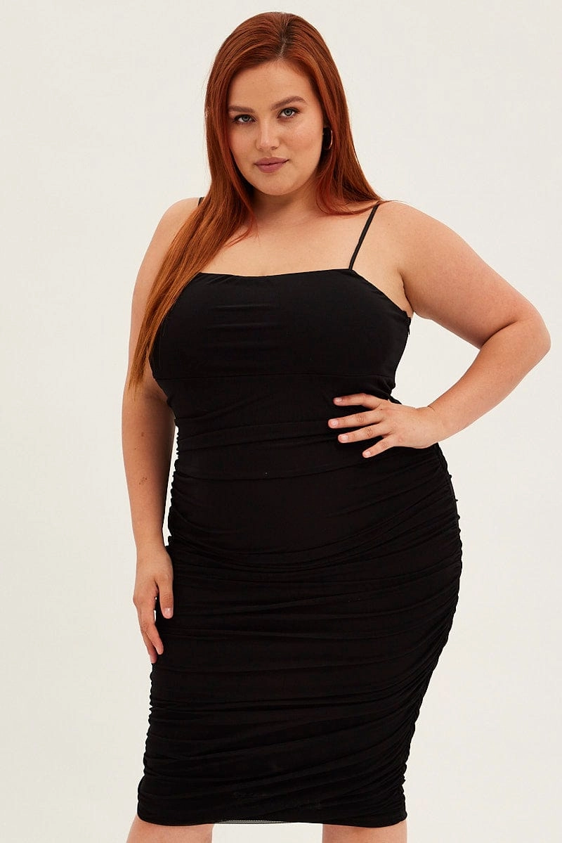 Black Midi Dress Mesh Ruched Side Shoestring Strap Casual Fit