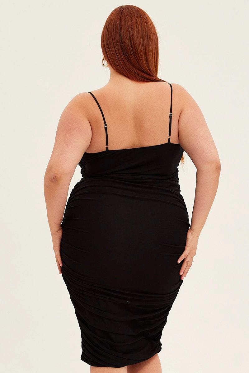 Black Midi Dress Mesh Ruched Side Shoestring Strap Soft Lines