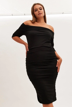 Black Midi Dress Off Shoulder Bodycon Jersey Texture Rich
