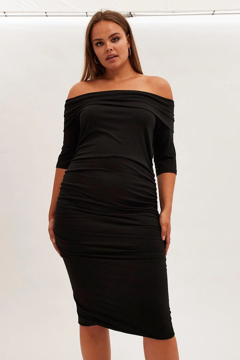 Black Midi Dress Off Shoulder Bodycon Jersey Refined Vibe Youthful Mood
