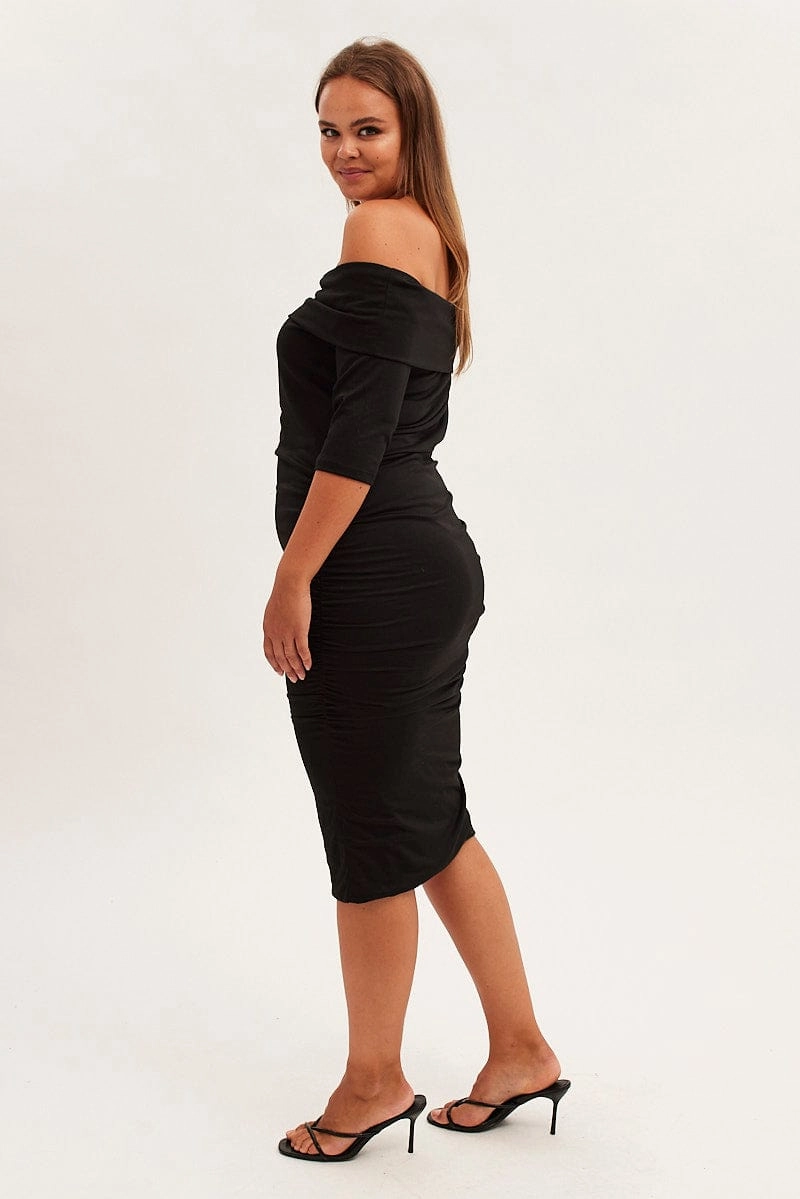 Refined Simplicity Black Midi Dress Off Shoulder Bodycon Jersey