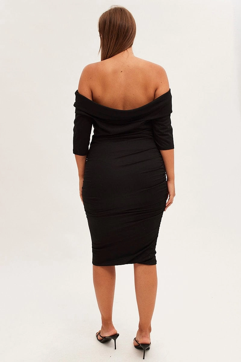 Black Midi Dress Off Shoulder Bodycon Jersey Satin Grace Euro Touch