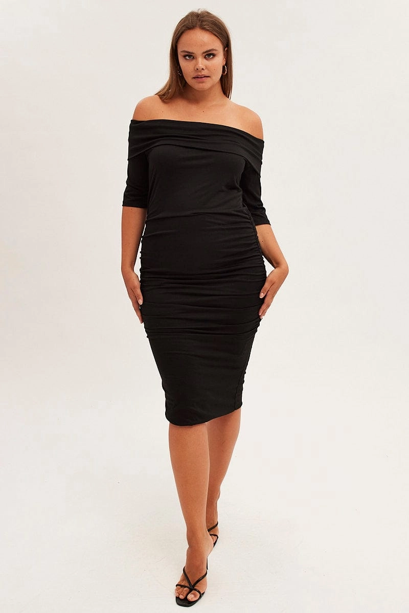 Romance Soul Black Midi Dress Off Shoulder Bodycon Jersey
