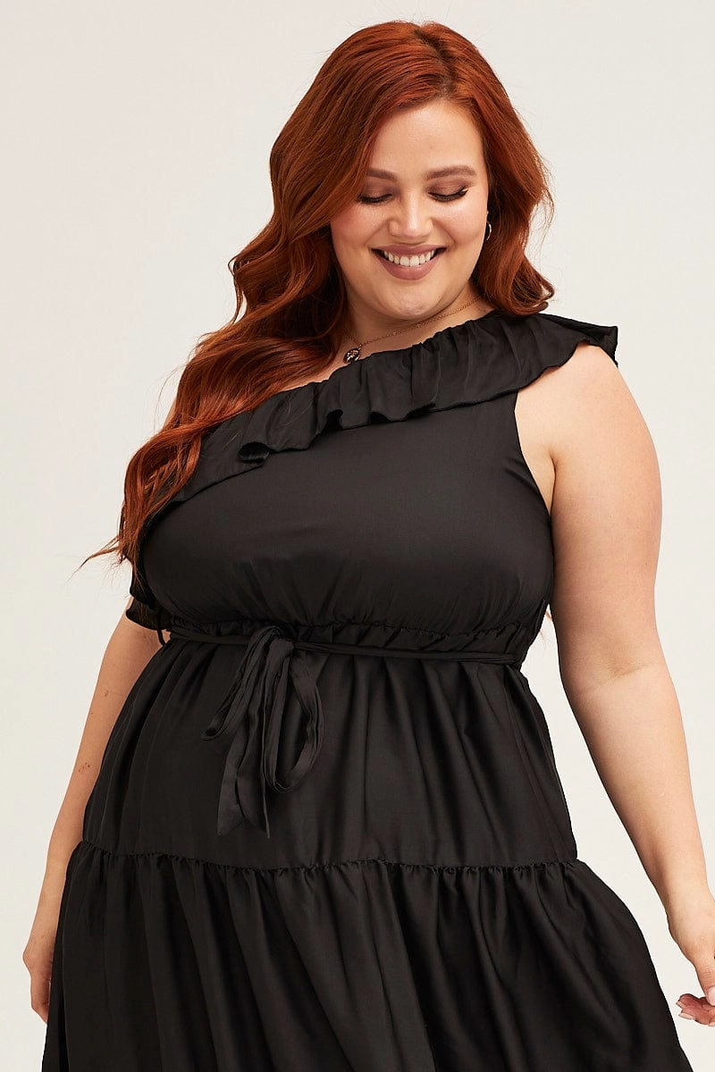 Comfortable Cut Fall Mood Black Midi Dress One Frill Shoulder