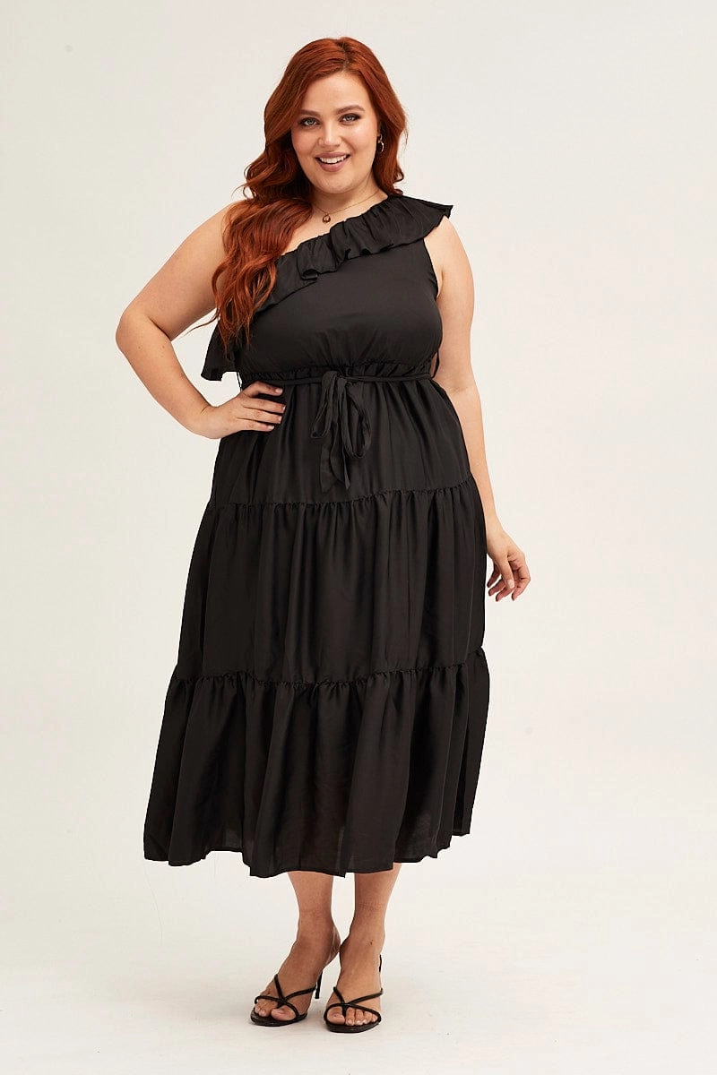 Edgy vibes Black Midi Dress One Frill Shoulder