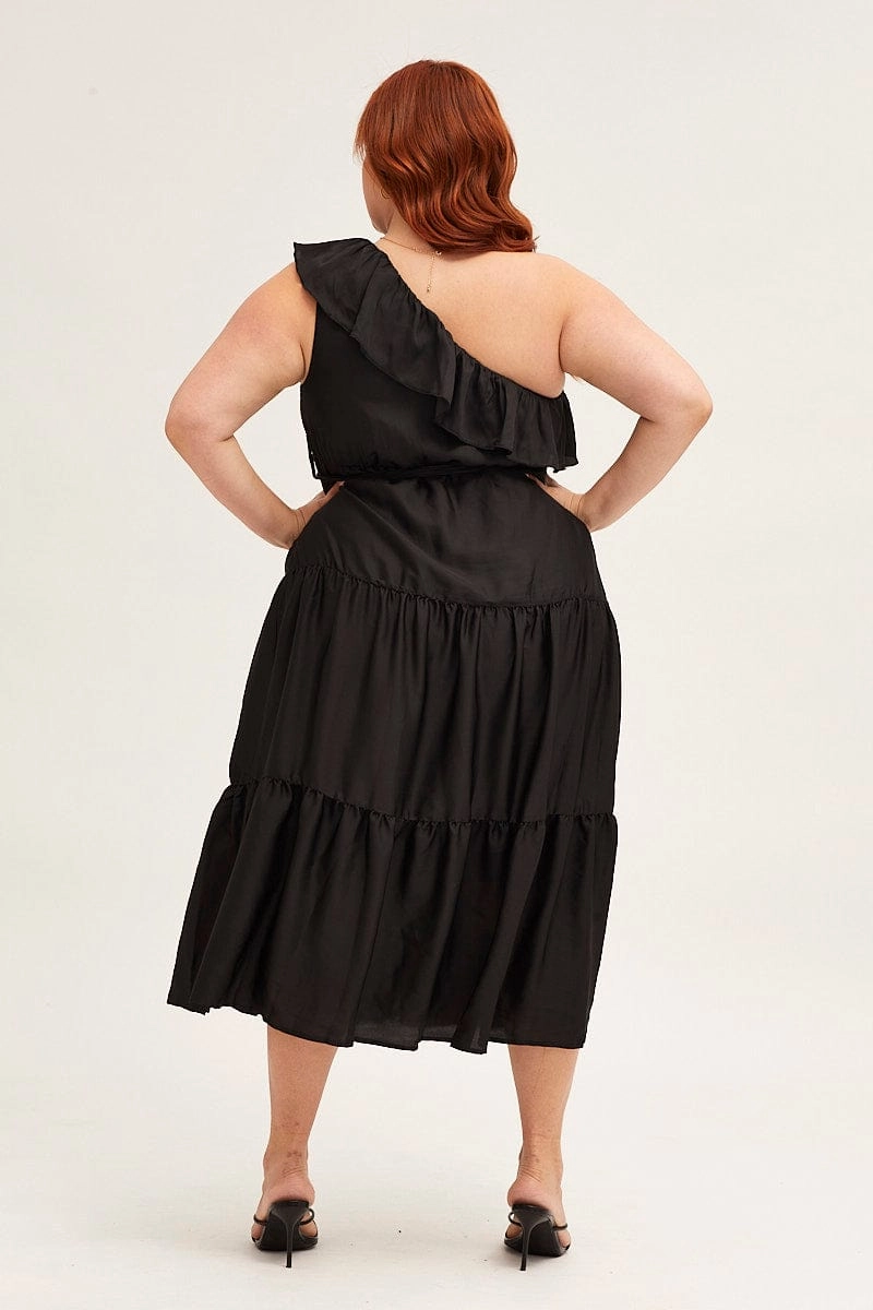 Black Midi Dress One Frill Shoulder Bold Touches