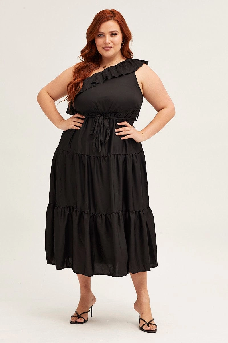 Black Midi Dress One Frill Shoulder Lounge Feel Romantic-Detail