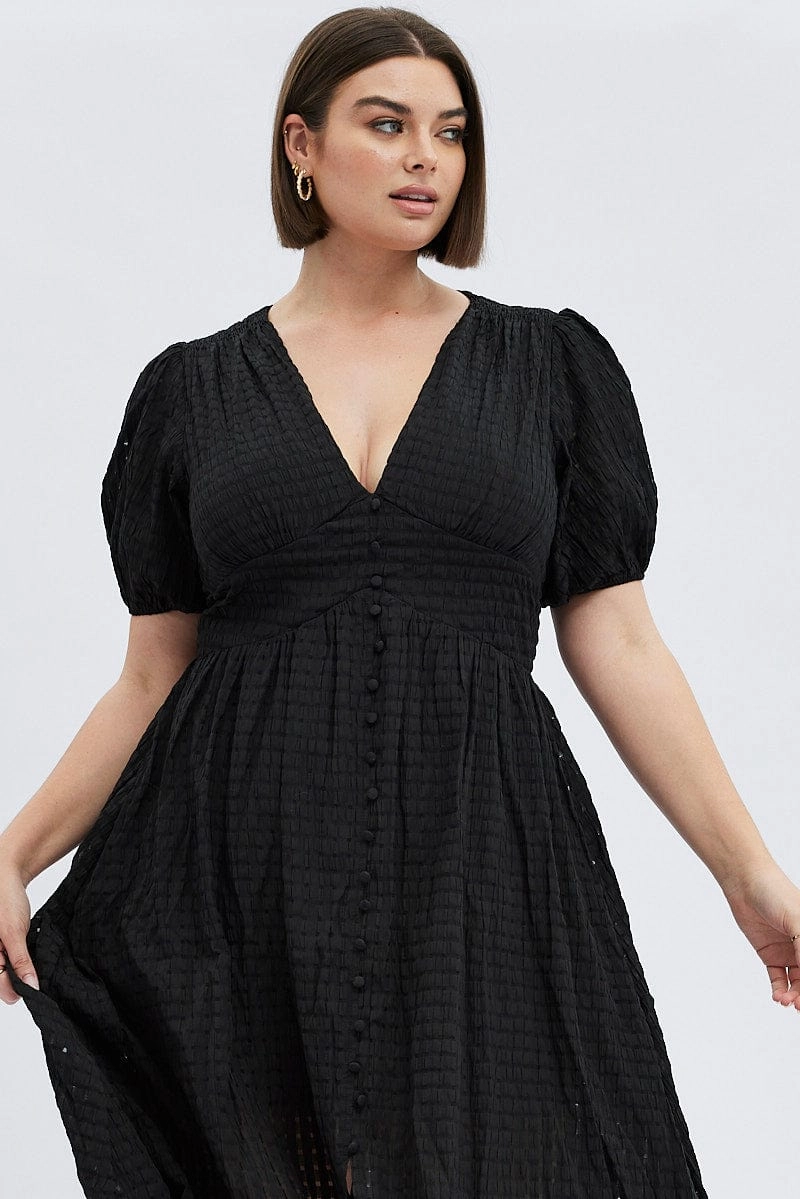 Cold-Shoulder Black Midi Dress Short Puff Sleeve