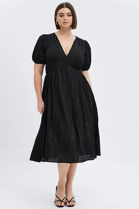 Black Midi Dress Short Puff Sleeve Light Weight Luxurious Texture