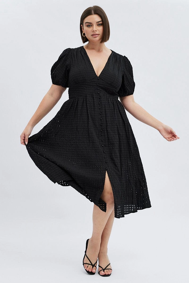 Black Midi Dress Short Puff Sleeve Light Drape Easy Elegance