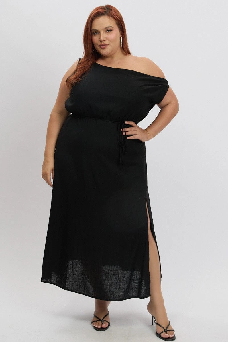 Daily Movement Edgy Twist Black Midi Dress Short Sleeve Asymmetric Shoulder