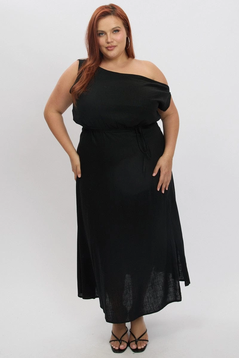 Black Midi Dress Short Sleeve Asymmetric Shoulder Soft Waist Cool Simplicity