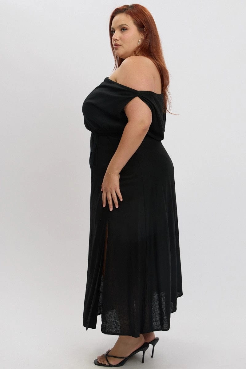 Black Midi Dress Short Sleeve Asymmetric Shoulder Coastal Chic