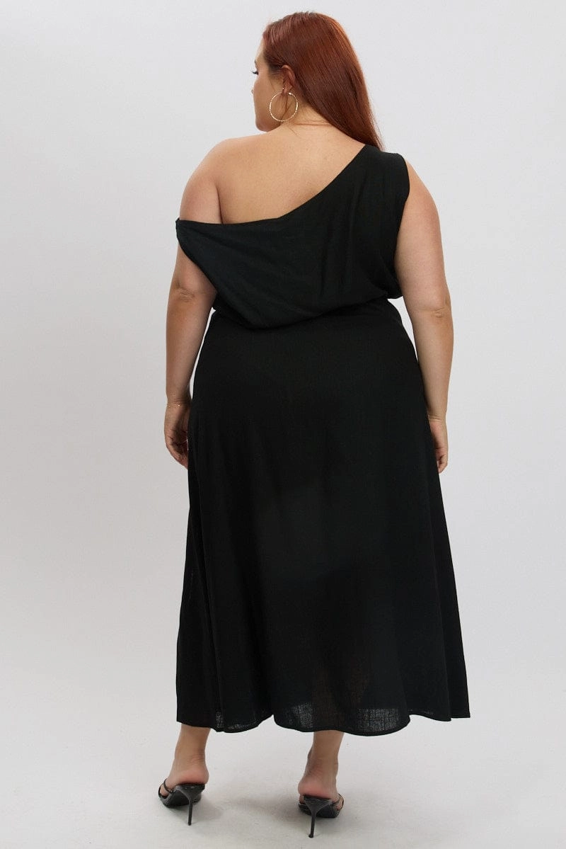 Black Midi Dress Short Sleeve Asymmetric Shoulder Soft Comfort Warm Touch