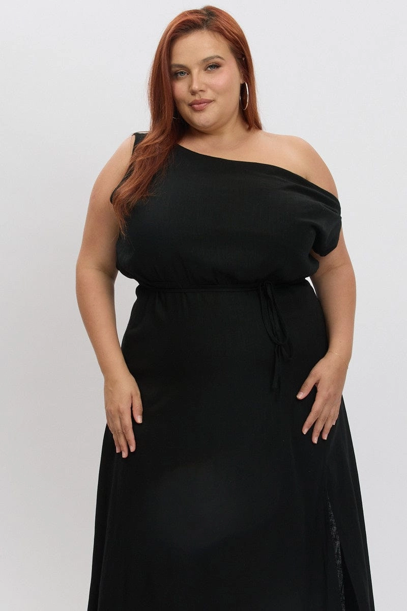 Black Midi Dress Short Sleeve Asymmetric Shoulder Textured Flow