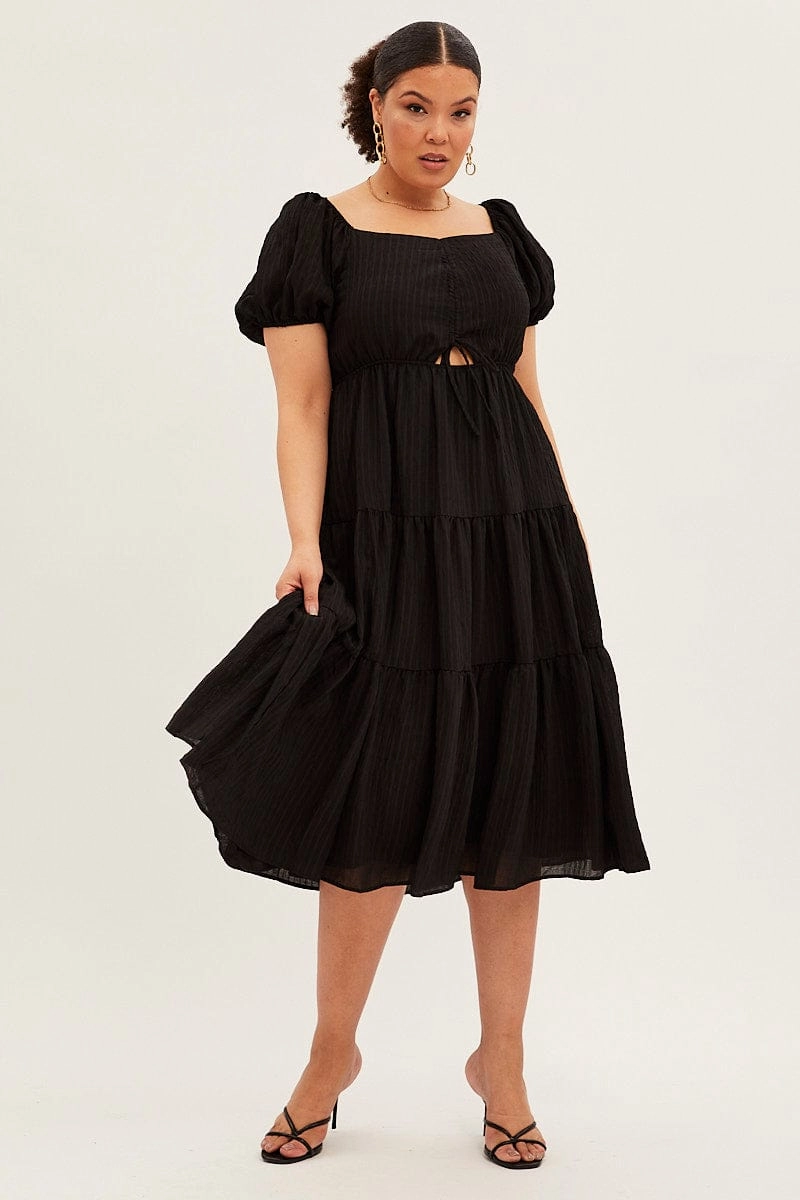 Black Midi Dress Short Sleeve Cut Out Textured Travel piece Urban Style