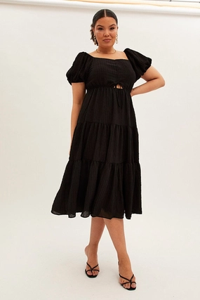 Cozy Layer Black Midi Dress Short Sleeve Cut Out Textured