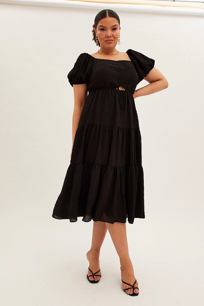 Cozy Layer Black Midi Dress Short Sleeve Cut Out Textured