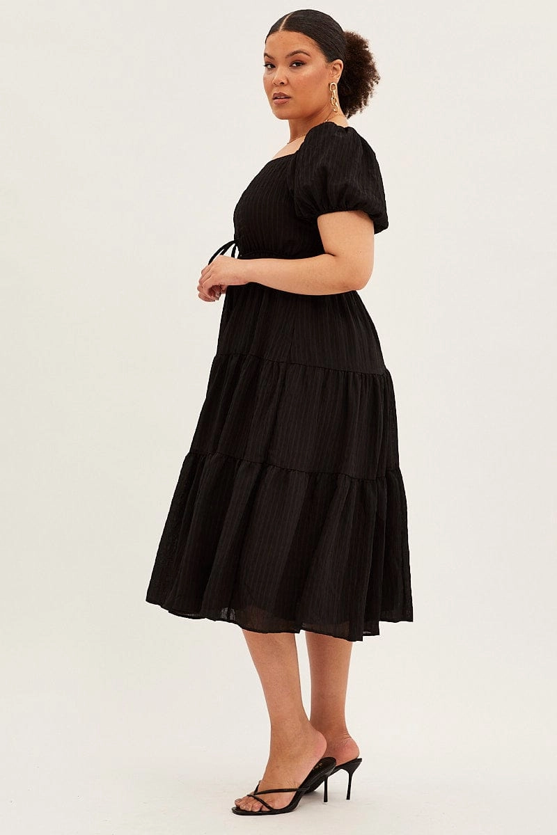 Black Midi Dress Short Sleeve Cut Out Textured Soft Waist