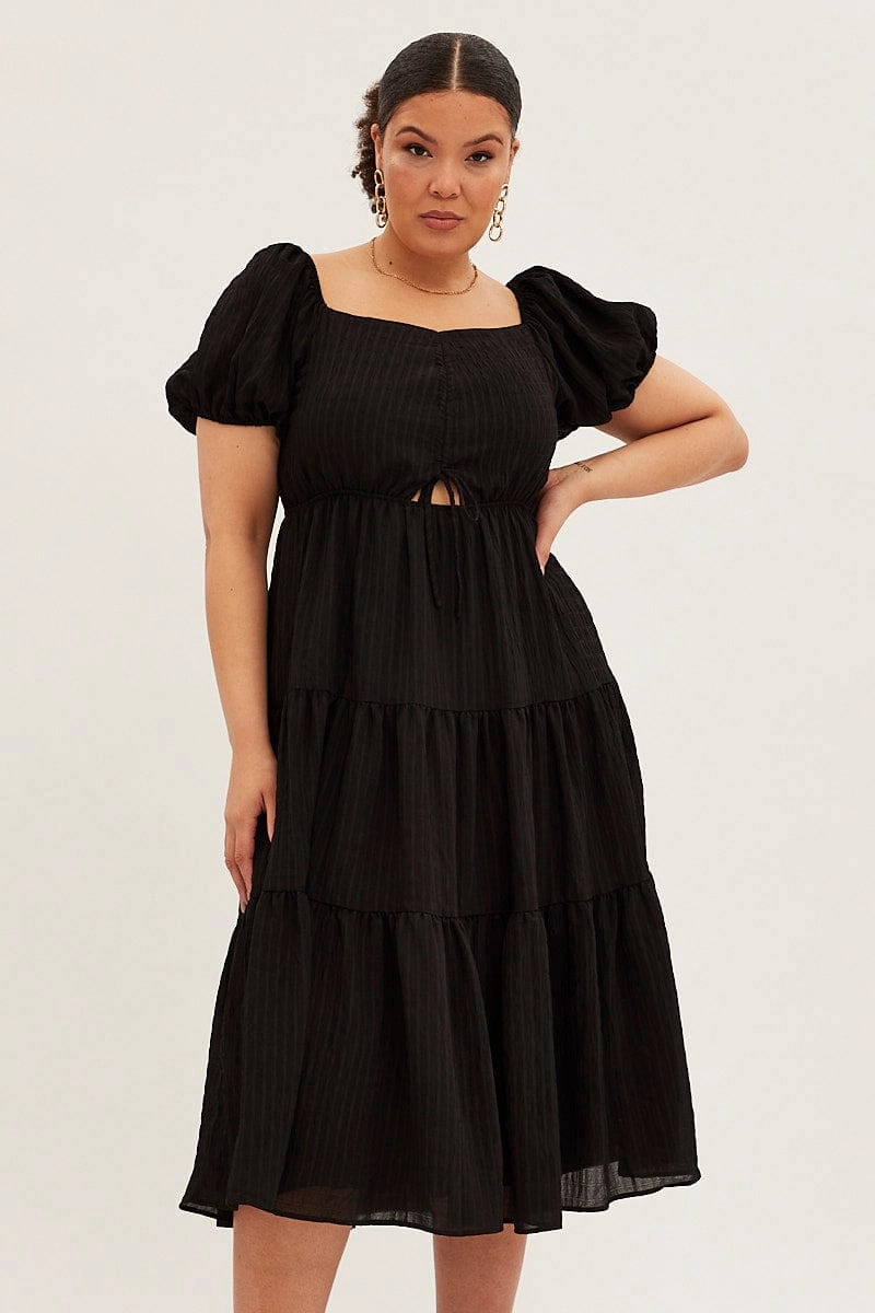 Black Midi Dress Short Sleeve Cut Out Textured Easy Pairing Relaxed Line