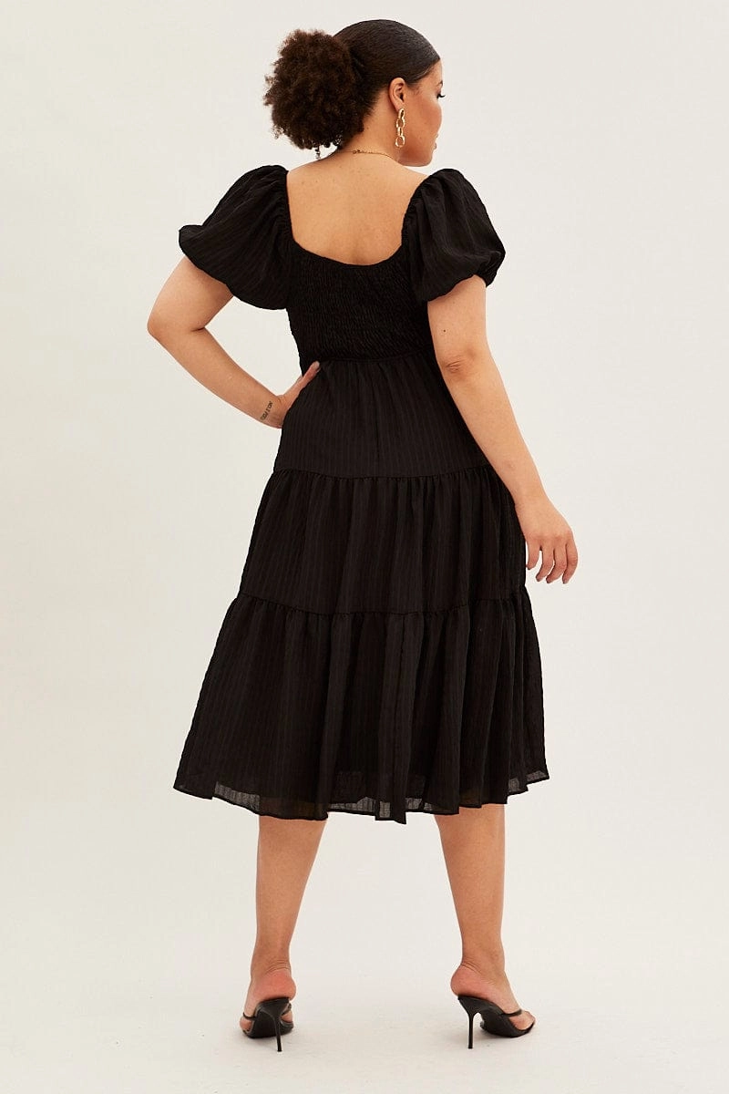 Mature Glam Black Midi Dress Short Sleeve Cut Out Textured