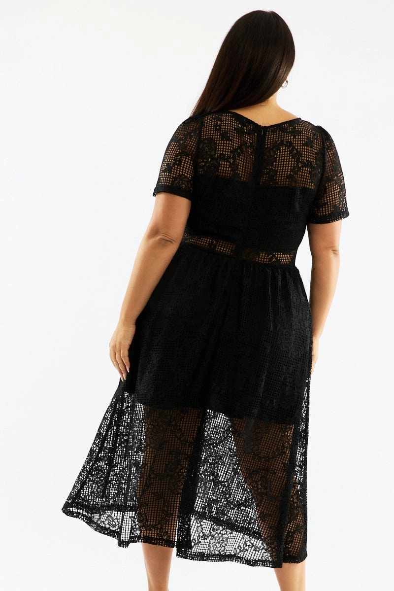 Black Midi Dress Short Sleeve Lace Eco-Lining Satin Fabric