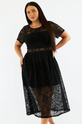 Smooth-Finish Black Midi Dress Short Sleeve Lace