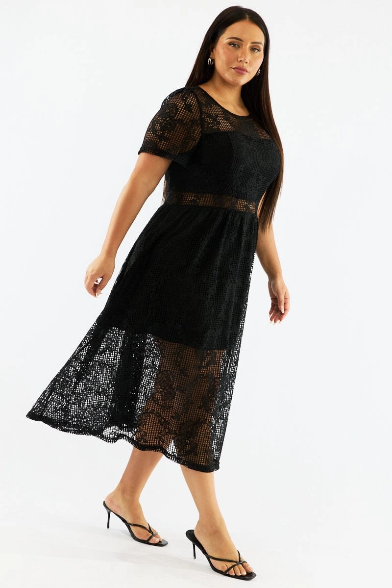 Black Midi Dress Short Sleeve Lace Light and breezy summer dress