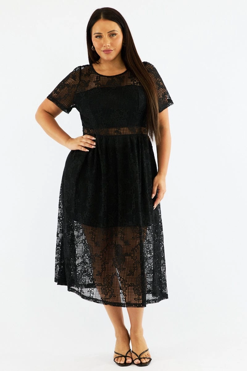 Black Midi Dress Short Sleeve Lace Modest Light Understated Elegance