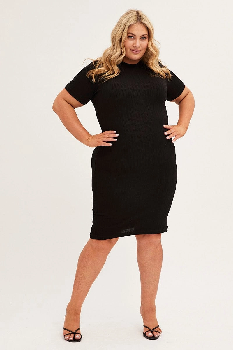 Layered Fit Capsule-Wardrobe Black Midi Dress Short Sleeve Rib Jersey Bodycon